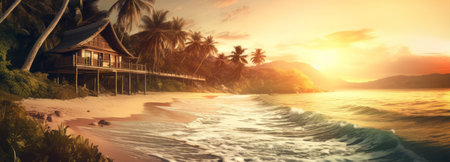 Paradise beach with palm trees and a cabin facing the sea at sunset. Panoramic banner of a peaceful landscape - Generative AIの素材