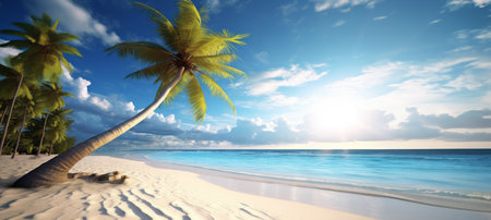 Paradise beach with palm trees and calm ocean at dawn, the sun rising on the horizon as the promise of a beautiful day - Generative AIの素材