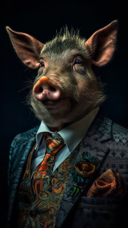 Wild pig dressed in an elegant suit with a nice tie. Fashion portrait of an anthropomorphic animal, shot in a charismatic human attitude - Generative AIの素材