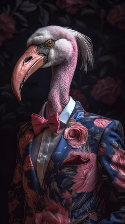 Flamingo dressed in an elegant pink suit with a nice tie. Fashion portrait of an anthropomorphic animal, bird, shot in a charismatic human attitude - Generative AIの素材