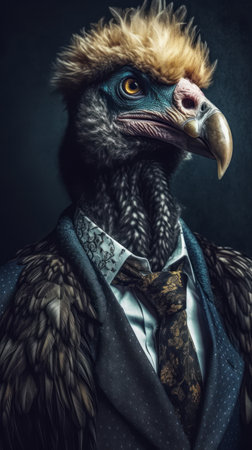 Vulture dressed in an elegant suit with a nice tie. Fashion portrait of an anthropomorphic animal, raptor, shot in a charismatic human attitude - Generative AIの素材