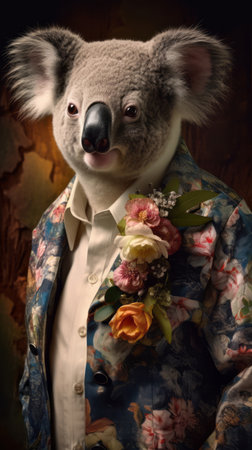Koala dressed in a casual floral suit. Fashion portrait of an anthropomorphic animal, shot in a charismatic human attitude - Generative AIの素材