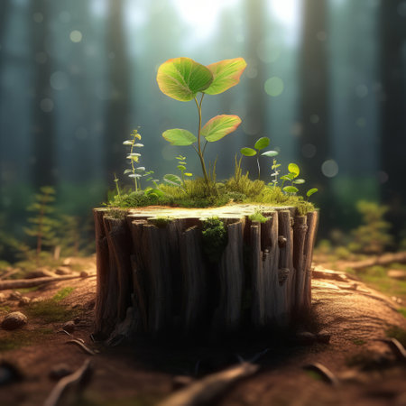 Young plant sprout growing inside a dead wood trunk. Conceptual illustration about the force of life and the rebirth of nature - Generative AIの素材