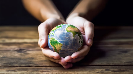 Hands holding Earth globe on a natural wooden table, as a symbol for environmental protection and care of the planet. Earth Day environment concept - Generative AIの素材