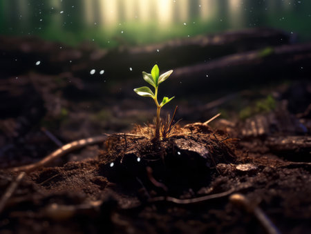 Young shrub sprout growing on a forest floor. Conceptual illustration about the force of life and the rebirth of nature - Generative AIの素材