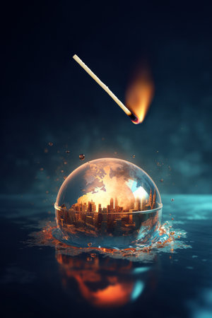 Earth globe, like a snow globe with financial buildings inside, floating on a gasoline puddle and a burning match ready to set the whole scene on fire - Global warming concept, generative AIの素材