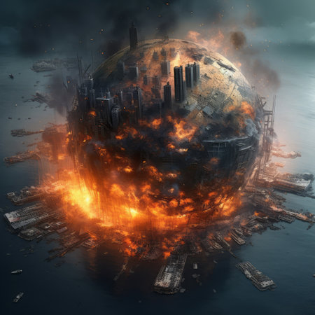 Earth globe collapse, burning, destroyed by fire. Conceptual illustration of global warming, caused by the excessive exploitation of global finance and industry - Generative AIの素材