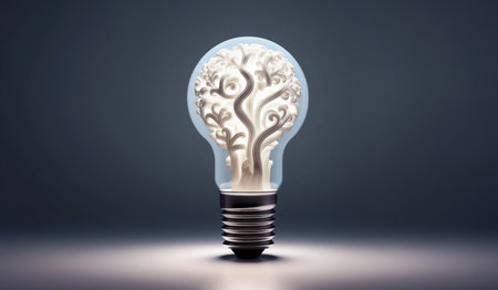 Brain shaped filament light bulb. Conceptual illustration for idea, creativity, solution, innovation, invention, inspiration, imagination - Generative AIの素材