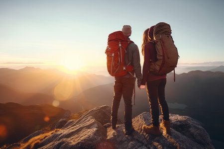 Couple of man and woman hikers on top of a mountain at sunset or sunrise, together enjoying their climbing success and the breathtaking view, looking towards the horizon - Generative AIの素材