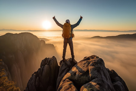 A hiker on top of a mountain at sunset or sunrise, raising his arms, enjoying his climbing success and freedom, looking towards the horizon above a sea of clouds - Generative AIの素材