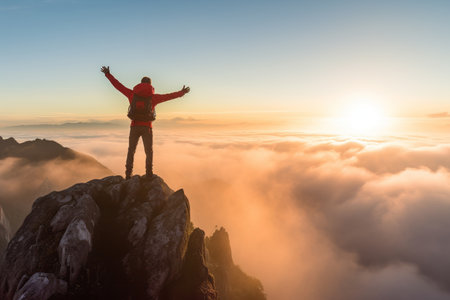 A hiker on top of a mountain at sunset or sunrise, raising his arms, enjoying his climbing success and freedom, looking towards the horizon above a sea of clouds - Generative AIの素材