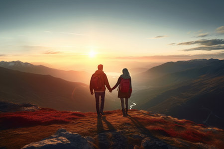 Couple of man and woman hikers on top of a mountain at sunset or sunrise, together enjoying their climbing success and the breathtaking view, looking towards the horizon - Generative AIの素材