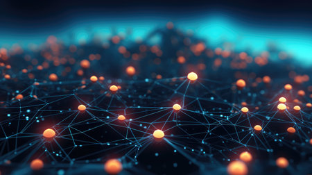 Abstract blue technology background with a cyber network grid and connected particles. Artificial neurons, global data connections - Generative AIの素材