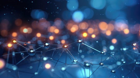 Abstract blue technology background with a cyber network grid and connected particles. Artificial neurons, global data connections - Generative AIの素材