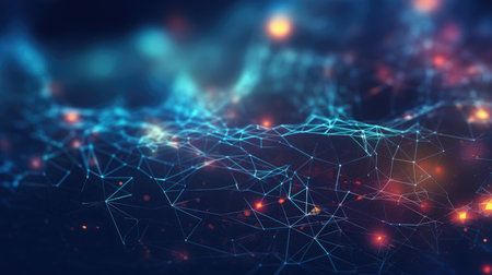 Abstract blue technology background with a cyber network grid and connected particles. Artificial neurons, global data connections - Generative AIの素材