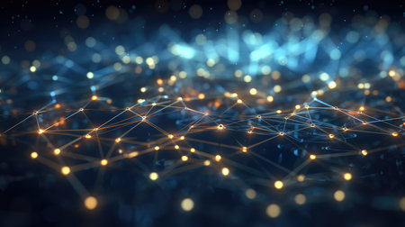 Abstract blue technology background with a cyber network grid and connected particles. Artificial neurons, global data connections - Generative AIの素材