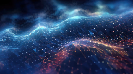 Abstract blue technology background with a cyber network grid and connected particles. Artificial neurons, global data connections - Generative AIの素材