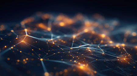 Abstract blue technology background with a cyber network grid and connected particles. Artificial neurons, global data connections - Generative AIの素材