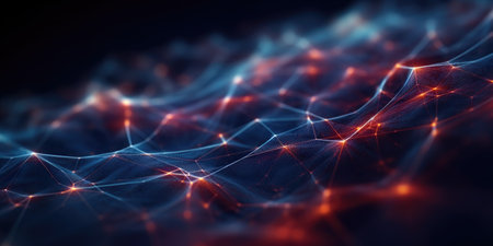 Abstract blue technology background with a cyber network grid and connected particles. Artificial neurons, global data connections - Generative AIの素材