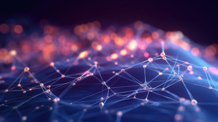 Abstract blue technology background with a cyber network grid and connected particles. Artificial neurons, global data connections - Generative AIの素材