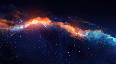 Abstract blue technology background with a cyber network grid and connected particles. Artificial neurons, global data connections - Generative AIの素材
