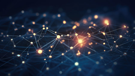 Abstract blue technology background with a cyber network grid and connected particles. Artificial neurons, global data connections - Generative AIの素材