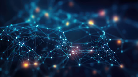 Abstract blue technology background with a cyber network grid and connected particles. Artificial neurons, global data connections - Generative AIの素材