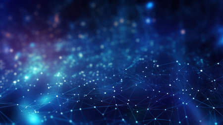 Abstract blue technology background with a cyber network grid and connected particles. Artificial neurons, global data connections - Generative AIの素材