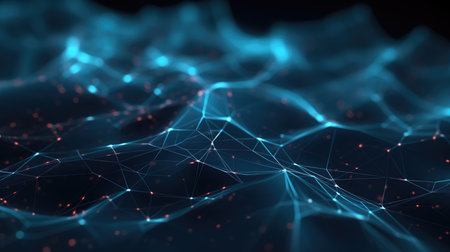 Abstract blue green technology background with a cyber network grid and connected particles. Artificial neurons, global data connections - Generative AIの素材