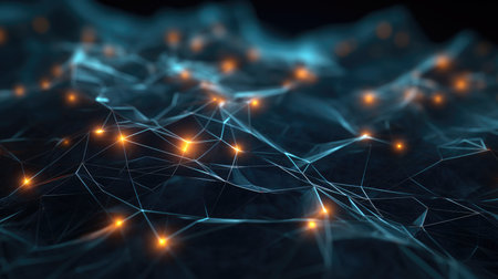 Abstract blue green technology background with a cyber network grid and connected particles. Artificial neurons, global data connections - Generative AIの素材