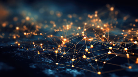 Abstract blue green technology background with a cyber network grid and connected particles. Artificial neurons, global data connections - Generative AIの素材