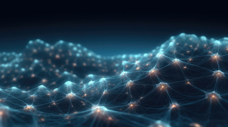 Abstract blue green technology background with a cyber network grid and connected particles. Artificial neurons, global data connections - Generative AIの素材