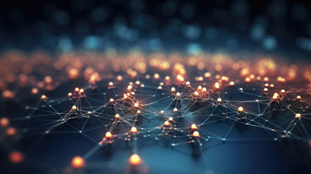 Abstract blue green technology background with a cyber network grid and connected particles. Artificial neurons, global data connections - Generative AIの素材