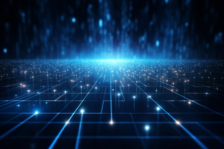 Abstract technology background with a cyber network grid and connected particles. Artificial neurons, global data connections - Generative AIの素材