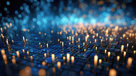 Abstract technology background with a cyber network grid and connected particles. Artificial neurons, global data connections - Generative AIの素材