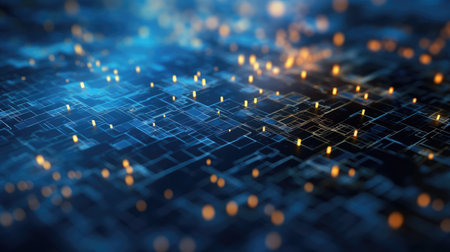 Abstract technology background with a cyber network grid and connected particles. Artificial neurons, global data connections - Generative AIの素材