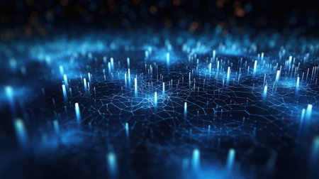 Abstract technology background with a cyber network grid and connected particles. Artificial neurons, global data connections - Generative AIの素材