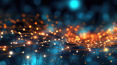 Abstract technology background with a cyber network grid and connected particles. Artificial neurons, global data connections - Generative AIの素材