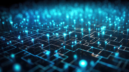 Abstract technology background with a cyber network grid and connected particles. Artificial neurons, global data connections - Generative AIの素材