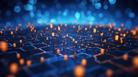 Abstract technology background with a cyber network grid and connected particles. Artificial neurons, global data connections - Generative AIの素材