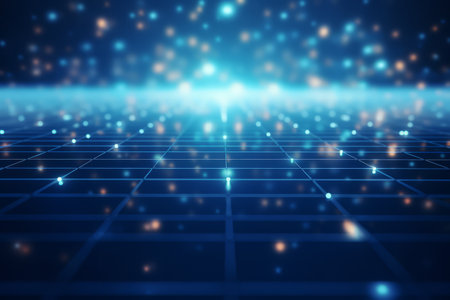 Abstract technology background with a cyber network grid and connected particles. Artificial neurons, global data connections - Generative AIの素材