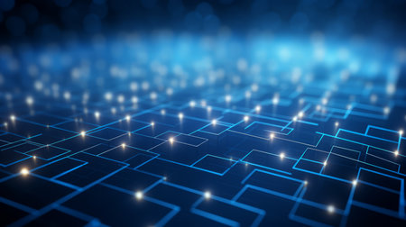Abstract technology background with a cyber network grid and connected particles. Artificial neurons, global data connections - Generative AIの素材
