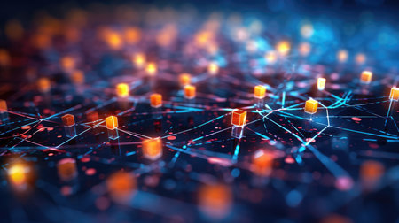 Abstract technology background with a cyber network grid and connected particles. Artificial neurons, global data connections - Generative AIの素材