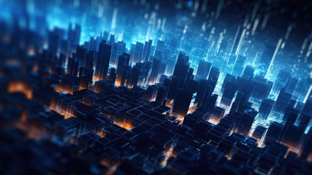 Abstract background of a futuristic tech city at night. Quantum computing system and high speed global data transfer - Generative AI illustrationの素材