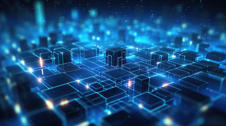 Abstract background of quantum computing system and high speed global data transfer. Futuristic tech city at night - Generative AI illustrationの素材