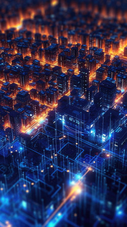 Abstract background of high speed global data transfer and super fast broadband in futuristic tech city at night - Generative AI illustrationの素材