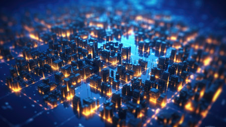 Abstract background of high speed global data transfer and super fast broadband in futuristic tech city at night - Generative AI illustrationの素材