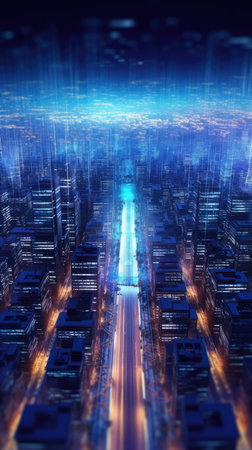 Abstract background of high speed global data transfer and super fast broadband in futuristic tech city at night - Generative AI illustrationの素材