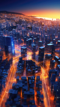 Abstract background of high speed global data transfer and super fast broadband in futuristic tech city at night - Generative AI illustrationの素材