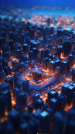 Abstract background of high speed global data transfer and super fast broadband in futuristic tech city at night - Generative AI illustrationの素材